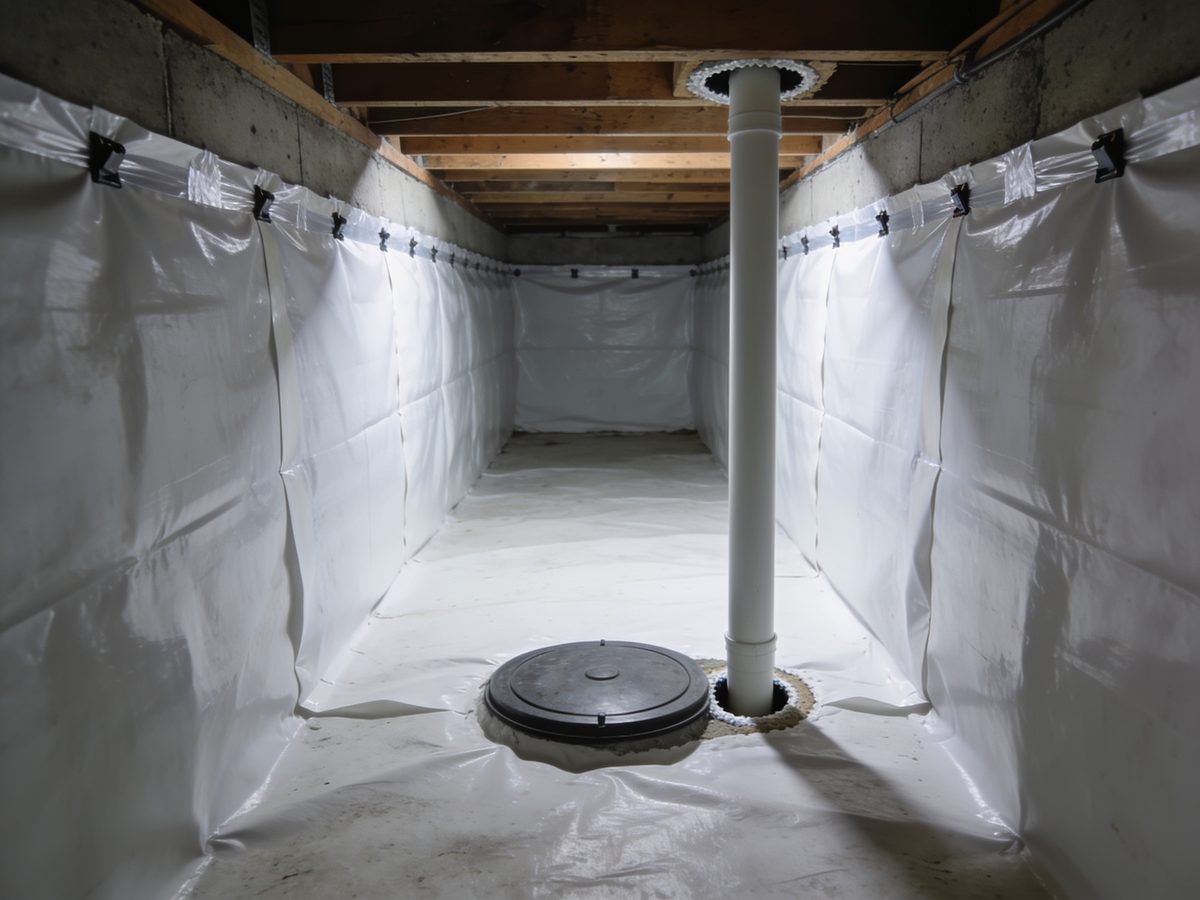 A crawl space sealed with a white vapour barrier and a sealed sump lid