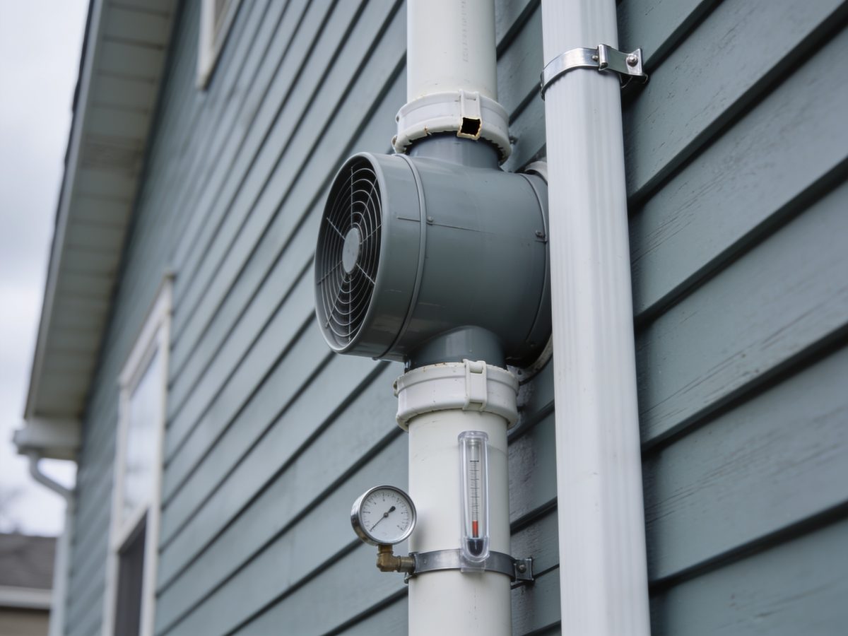 A radon fan fitted into a white vent pipe on the exterior wall of a house