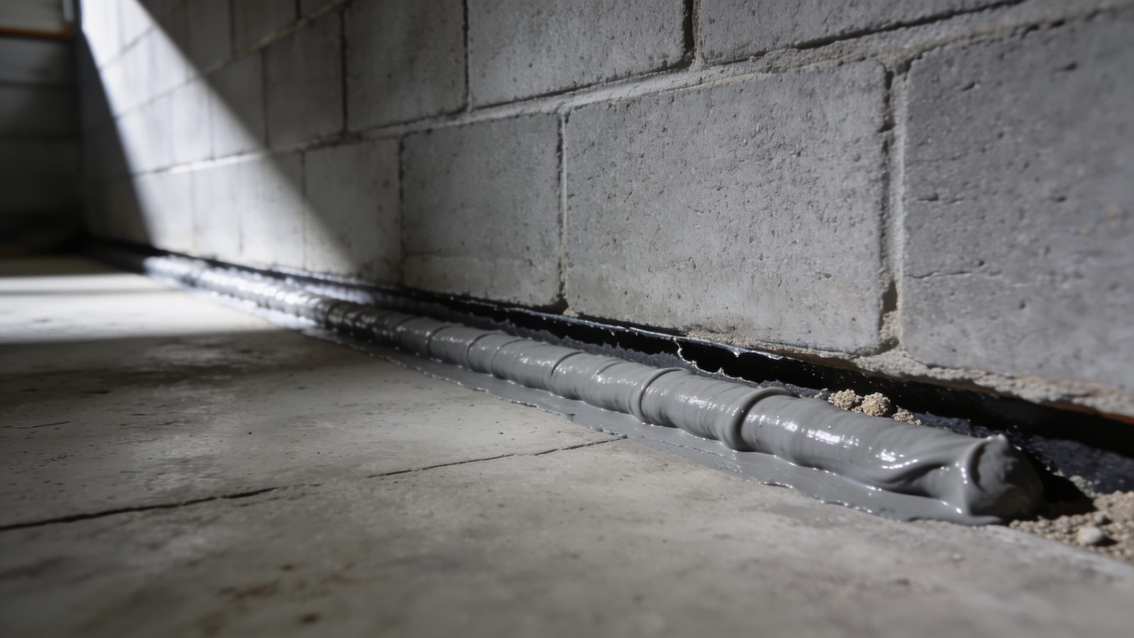 The joint where a basement slab meets the wall, part of it filled with grey sealant