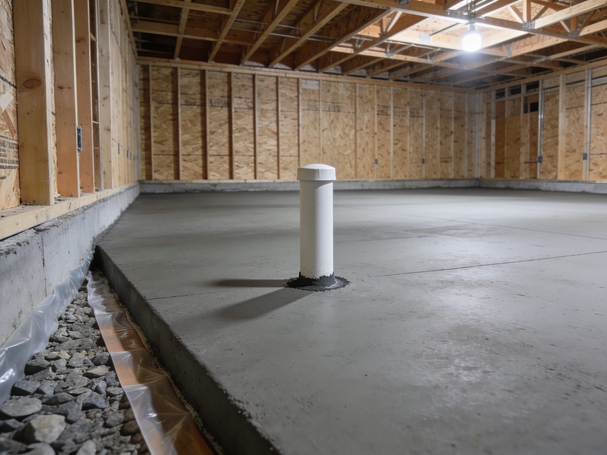 A capped radon rough-in pipe rising through a new basement slab