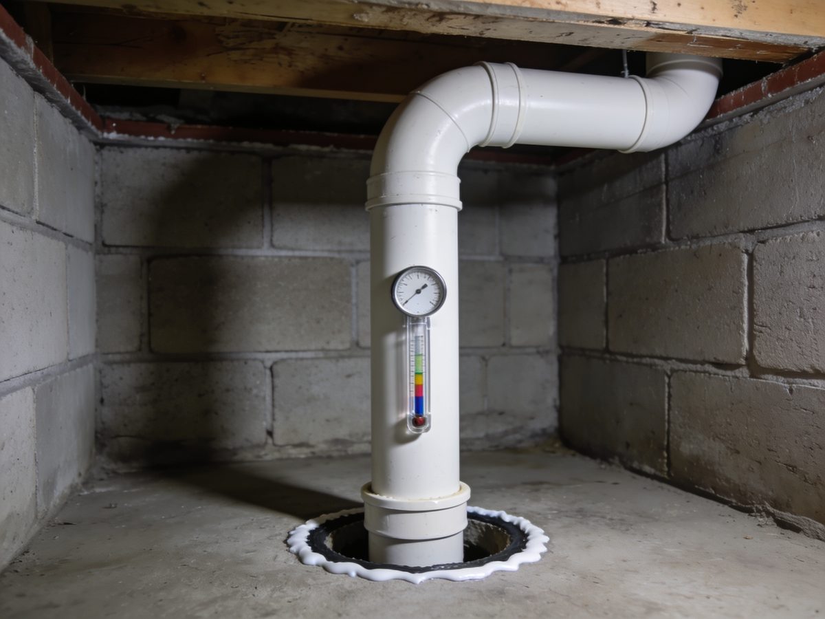 A white suction pipe rising from a sealed penetration in a basement slab